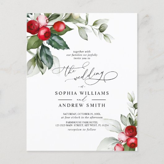 バジェットクリスマスグリーン&ベリー結婚式招待状 (正面)