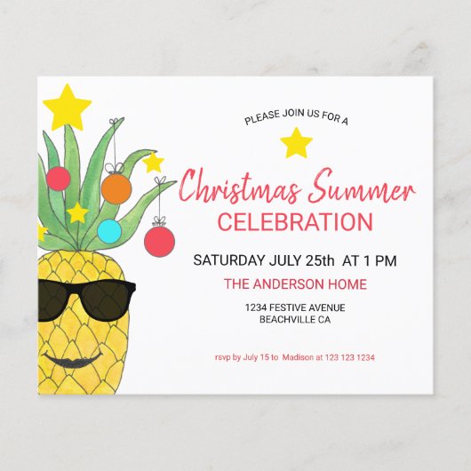 バジェットクリスマスサマーパイナップルパーティの招待状 (正面)
