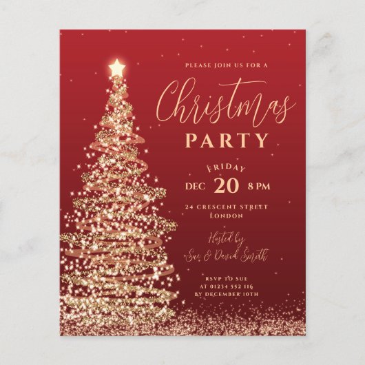 バジェットクリスマスツリーパーティーレッドホリデー招待状 (正面)
