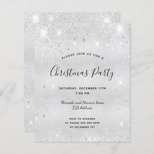 バジェットクリスマスパーティーシルバーグリッター招待 (正面/裏面)