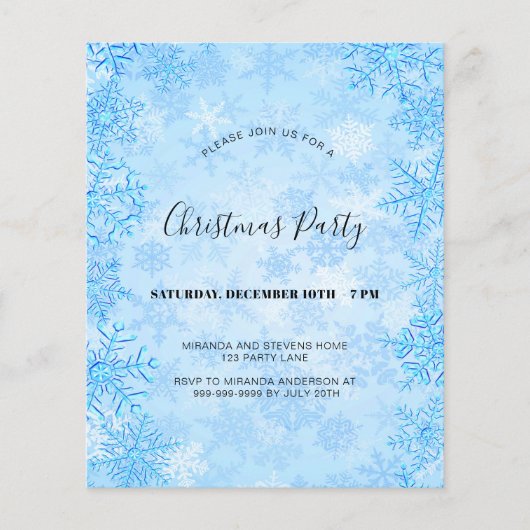 バジェットクリスマスパーティーブルースノーフレークの招待 (正面)