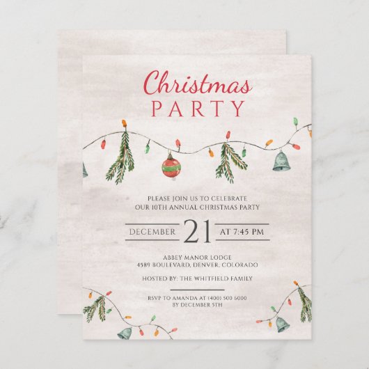 バジェットクリスマスパーティーライトデコール招待状 (正面/裏面)