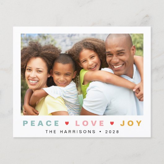 バジェットクリスマスピース愛の喜び写真ホリデーカード (正面)