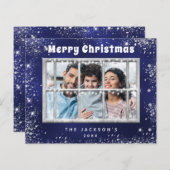 バジェットクリスマスブルーのシルバーフォトウィンドウカード (正面/裏面)