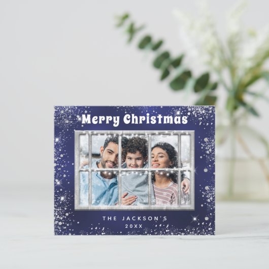 バジェットクリスマスブルーのシルバーフォトウィンドウカード (スタンド正面)