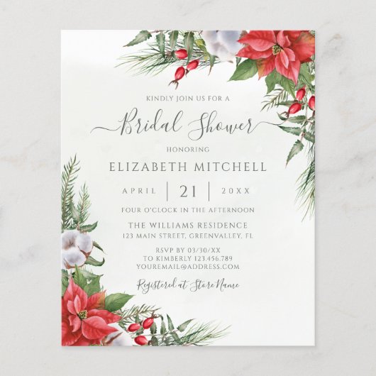 バジェットクリスマスポインセチアブライダルシャワー招待状 (正面)