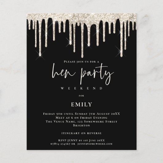 バジェットクリームグリッタードリップヘンウィークエンドブラック招待状 (正面)