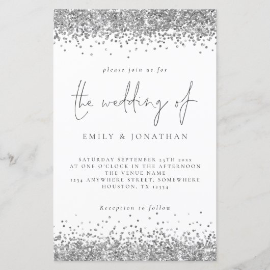 バジェットグラムシルバーグリッター結婚式招待状 (正面)