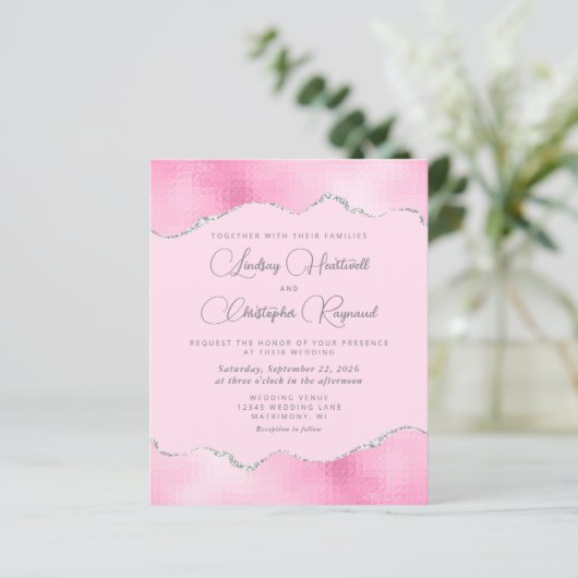 バジェットグラムピンクシルバーフォイルウェディング招待 (スタンド正面)