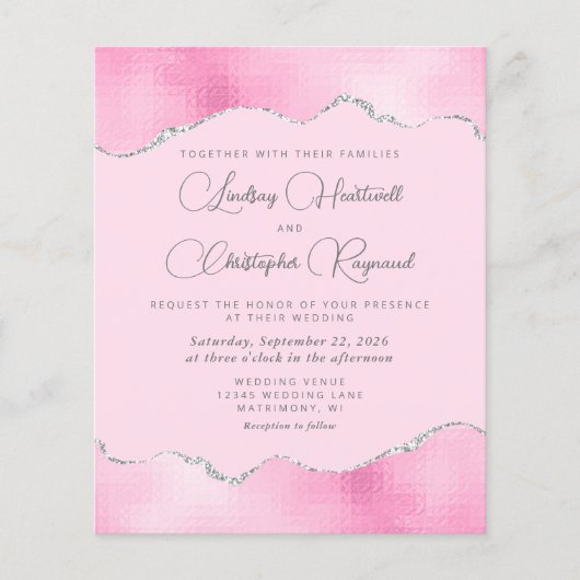 バジェットグラムピンクシルバーフォイルウェディング招待 (正面)