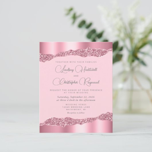 バジェットグラムピンクフォイルグリッターウェディング招待 (スタンド正面)
