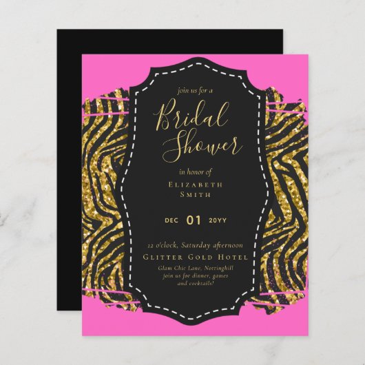 バジェットグラム金ゴールドピンクブライダルシャワー招待状動物 (正面/裏面)