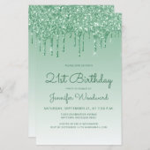 バジェットグリッタードリップグリーン21歳の誕生日招待状 (正面/裏面)
