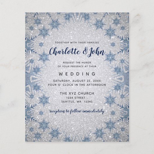 バジェットグリッターブルースノーフレーク結婚式招待状 (正面)
