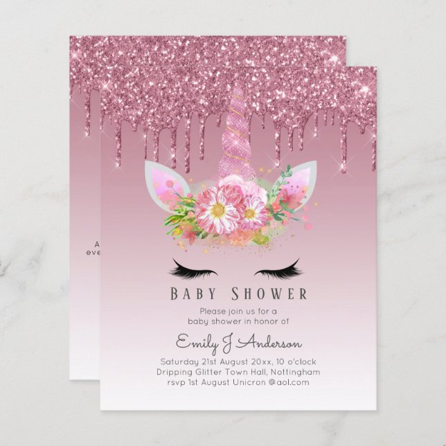 バジェットグリッターユニコーンベビーガールシャワー招待状 (正面/裏面)