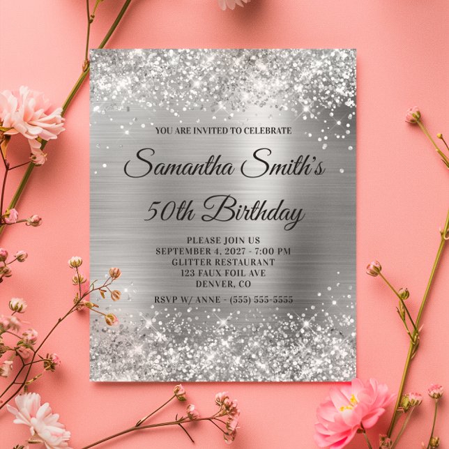 バジェットグリティリーシルバーフォイル50誕生日招待状 (Budget Glittery Silver Foil 50th Birthday Invite)