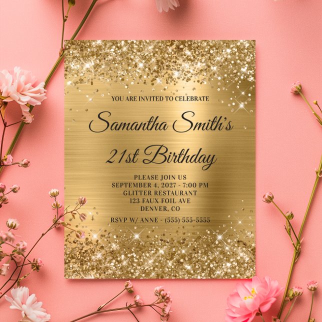バジェットグリティリー金ゴールドモノグラム21st誕生日招待状 (Budget Glittery Gold Monogram 21st Birthday Invite)