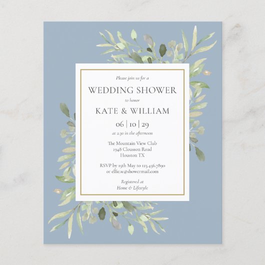 バジェットグリーナリーダスティーブルーウェディングシャワー招待状 (正面)