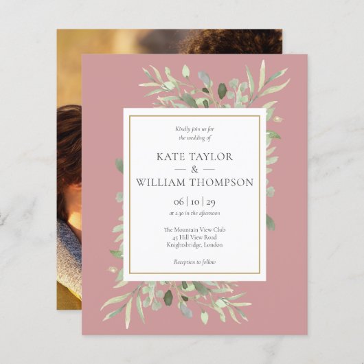 バジェットグリーナリーダスティ結婚バラの写真招待状 (正面/裏面)