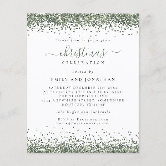 バジェットグリーングリッタークリスマスパーティーホワイト招待状 (正面)