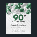 バジェットグリーンシルバーバルーングリッター90誕生日<br><div class="desc">グラムモダンエメラルドグリーンシルバーバルーングリッタースパークルエイジ誕生日招待状</div>