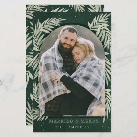 バジェットグリーンシルバーメリーアーチフォトホリデーカード (正面/裏面)