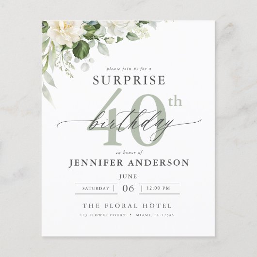 バジェットグリーンフローラサプライズ誕生日招待状 (正面)