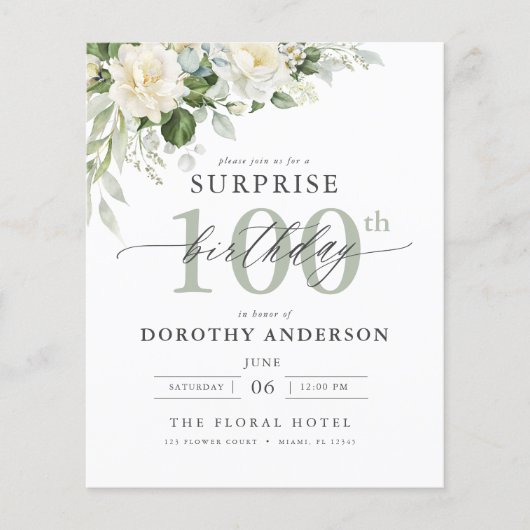 バジェットグリーンフローラサプライズ誕生日招待状 (正面)