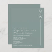 バジェットグリーンモダンモノグラム結婚式招待状 (正面/裏面)