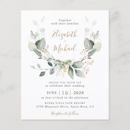 バジェットグリーンリーウォーターカラー結婚式招待状 (正面)
