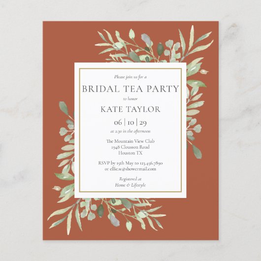 バジェットグリーンリーテラコッタブライダルティーパーティー招待状 (正面)