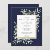 バジェットグリーンリーネイビーブルーブライダルシャワー招待 (正面/裏面)