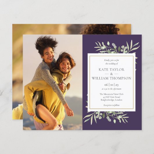 バジェットグリーンリーパープルフォト結婚式招待状 (正面/裏面)