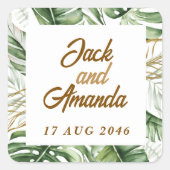 バジェットグリーンリーフボーホ結婚式用シールとラベル スクエアシール (正面)