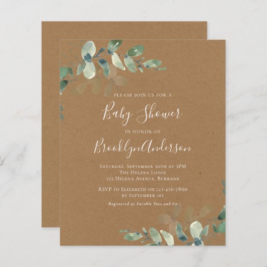 バジェットグリーンリーベビーシャワー招待状 (正面/裏面)