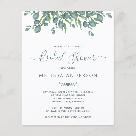 バジェットグリーンリーユーカリブライダルシャワー招待状 (正面)
