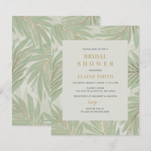 バジェットグリーンリー金ゴールドブライダルシャワー招待 (正面/裏面)