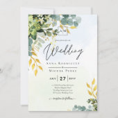 バジェットグリーンリー金ゴールド葉ユーカリス結婚ズ 招待状 (正面)
