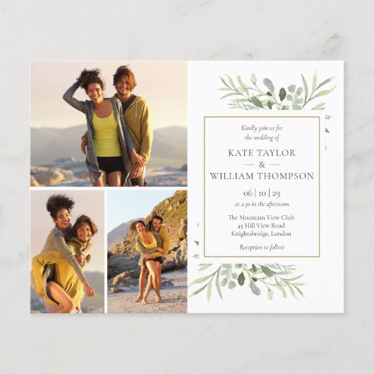 バジェットグリーンリー4写真結婚式招待状 (正面)