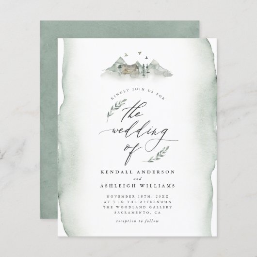 バジェットグリーン葉ウォーターカラー&マウン結婚テン (正面/裏面)