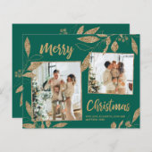 バジェットグリーン葉金ゴールド2フォトクリスマスカード (正面/裏面)