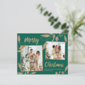 バジェットグリーン葉金ゴールド2フォトクリスマスカード (スタンド正面)