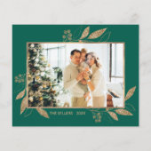 バジェットグリーン葉金ゴールド2フォトクリスマスカード (裏面)