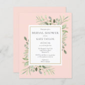 バジェットグリーン赤面ピンクブライダルシャワー招待状 (正面/裏面)