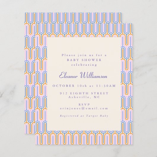 バジェットグルーヴィキュートペリウィンクルベビーシャワー招待状 (正面/裏面)