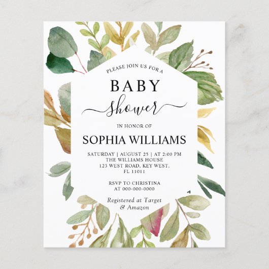 バジェットグ葉リーンフレームベビーシャワー招待状 (正面)
