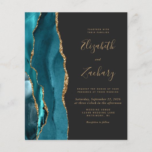 バジェットゲートティール(緑がかった色)金ゴールドダーク結婚式招待状 (正面)
