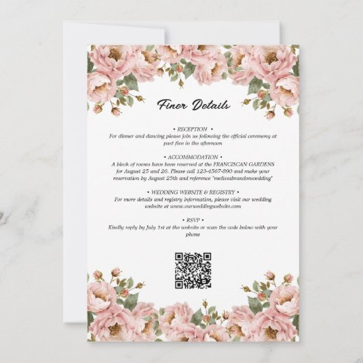 バジェットコケットフローラ赤面ピンクQRコード結婚ズ 招待状 (裏面)