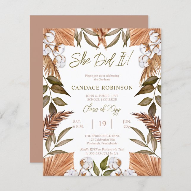 バジェットコットンドライグラスグラードパーティの招待状 (正面/裏面)