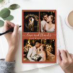 バジェットコラージテラコッタ結婚のサンキューカード<br><div class="desc">予算，,  モダン,  Handエレガントレタリング3 Photo Collage赤面結婚の感謝の低い予算の薄い手頃カード。ミニマ結婚リストのサンキューカードテンプレートは、前面に3枚の写真、背面に1枚の写真を掲載。***ご注意！***予算紙/チラシ薄い。***より太い紙のための紙をアップグレードします。 ***アーストーンのテラコッタ色の背景に白い色でキュラシッ感謝していトの手書き書のスワッシュテールフォントでは、文字の"愛と"スクリプト。名前の間のハートは少ない。メッセージと名前をカスタムするを感謝していパーソナライズするノートもしを手書きしたい場合は、サンプル文字を削除して宇宙を増やす。おもしし救済は一致する品が欲しい連絡よ！</div>